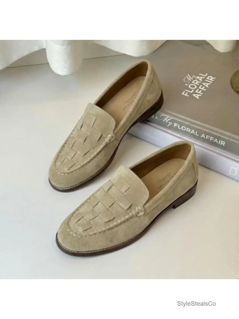 Genuine Cow Suede Woven Loafers, Sheepskin Lining, Slip On Mocc Flats